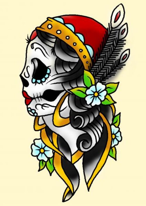 Colored Gypsy Skull Tattoo Design