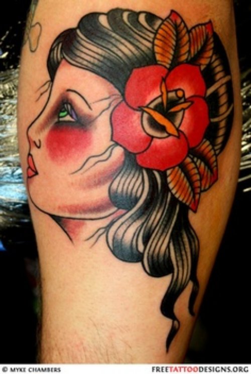 Amazing Color Flower and Gypsy Head Tattoo