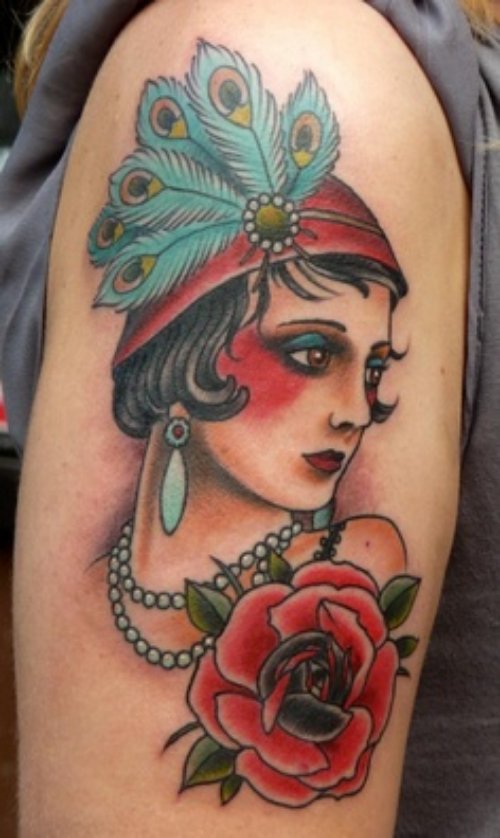 Red Flower and Gypsy Tattoo On Half Sleeve