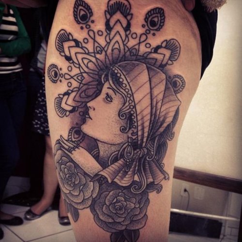 Grey Flowers And Gypsy Head Tattoo