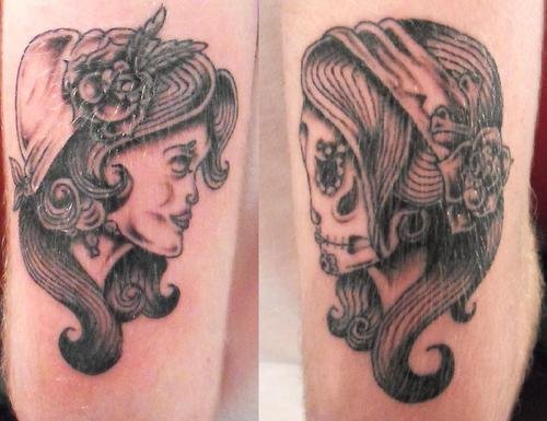 Grey Ink Gypsy Head Skulls Tattoo