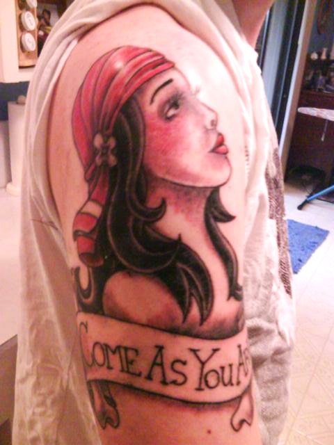 Come As You Are Banner And Gypsy Tattoo On Half Sleeve