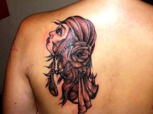 Left Back Shoulder Gypsy Girl Tattoo For Men