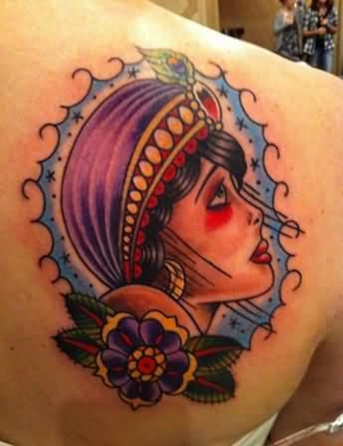 Right Back Shoulder Gypsy Girl Head Tattoo