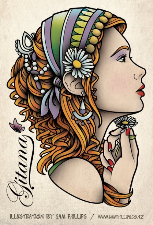Colored Gypsy Girl Tattoo Design Sample
