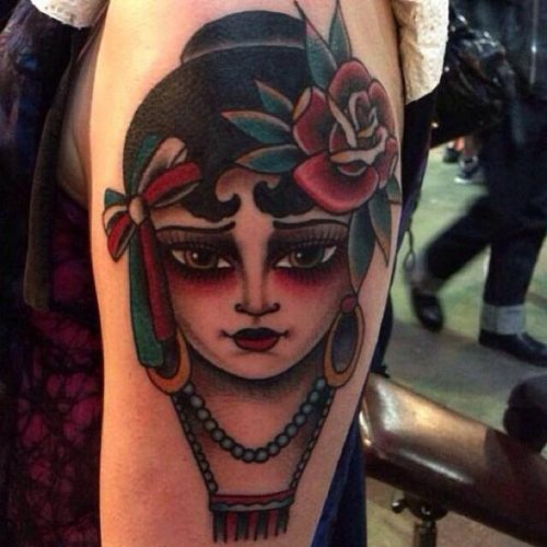 Gypsy Girl With Rose On Head Tattoo On Half Sleeve