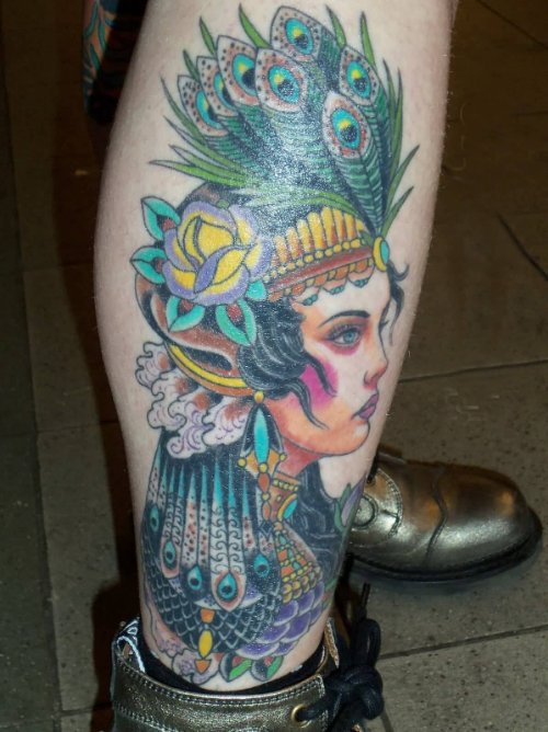 Colorful Native Gypsy Tattoo On Right Leg
