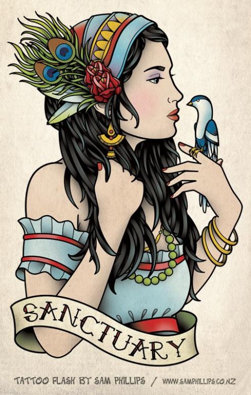 Colored Gypsy Girl With Sanctuary Banner Tattoo Idea