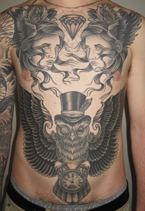 Owl with Hat and Gypsy Head Tattoos On Chest
