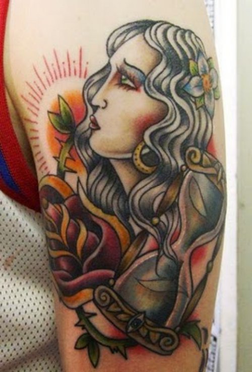 Colored Rose And Gypsy Girl Tattoo On Half Sleeve