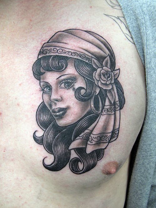 Nice Gypsy Girl Tattoo On Man Chest