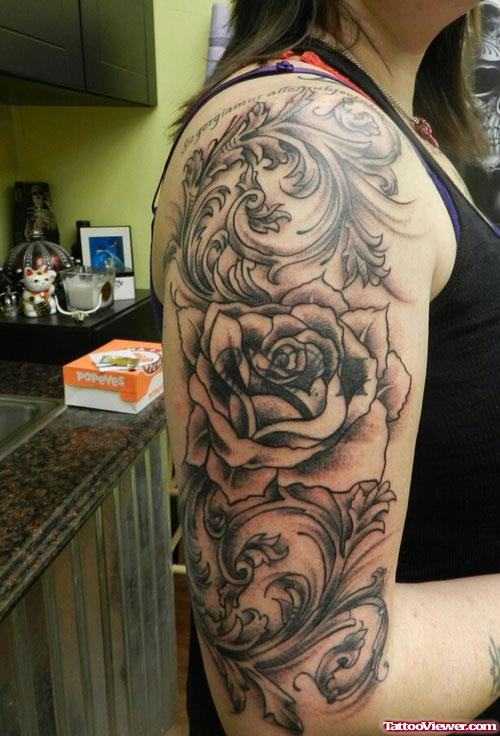 Grey Ink swirl And Rose Flower Half Sleeve Tattoo