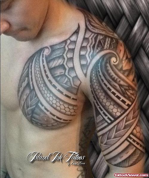 Awesome Polynesian Chest And Half Sleeve Tattoo