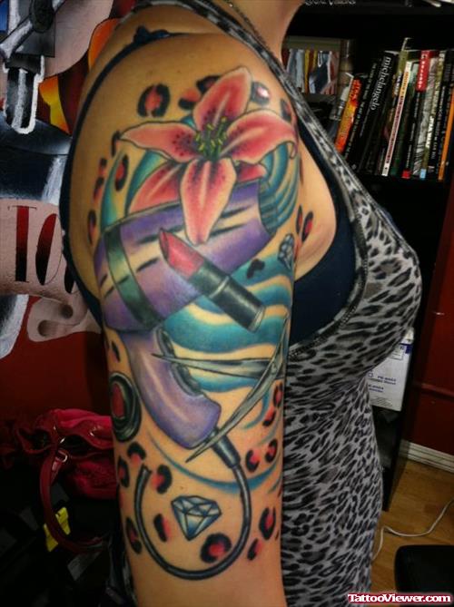 Attractive Colored Flowers Half Sleeve Tattoo For Girls