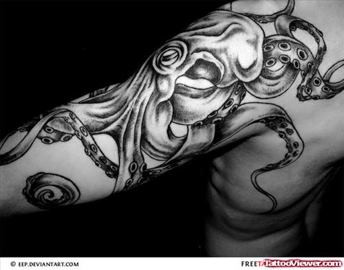 Grey Ink Octopus Half Sleeve Tattoo For Men