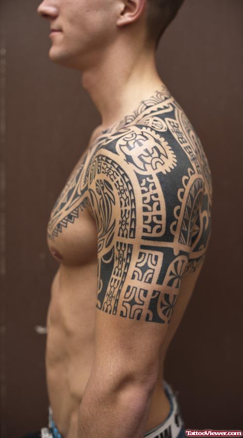 Grey Ink Man Chest And Half Sleeve Tattoo For Men