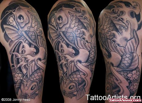 Grey Ink Koi Half Sleeve Tattoos