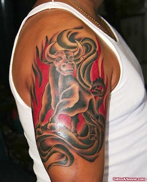 Grey Ink Bull Half Sleeve Tattoo