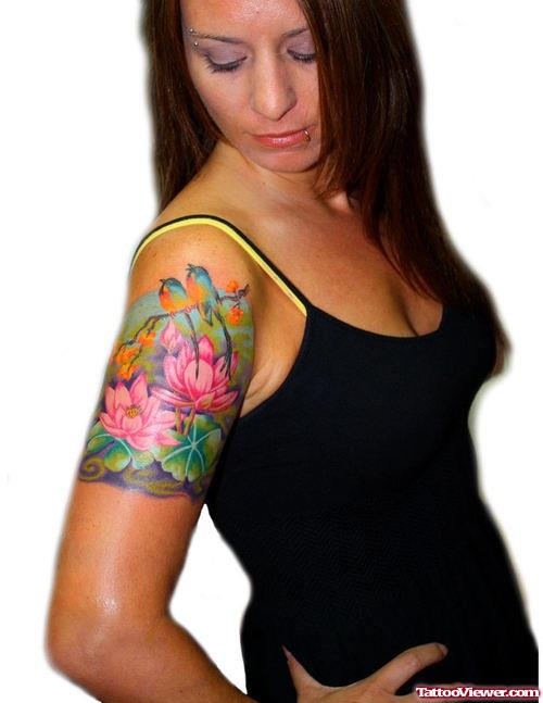 Pink Lotus Flowers Half Sleeve Tattoo For Girls