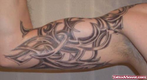 Grey Ink Tribal Right Half Sleeve Tattoo