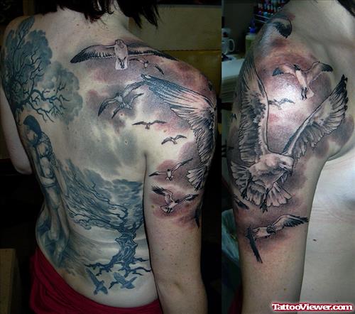 Grey Ink Trees And Flying Doves Half Sleeve Tattoo