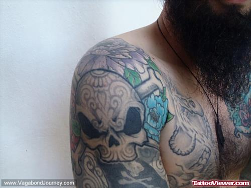 Awesome Grey Ink Skull Half Sleeve Tattoo