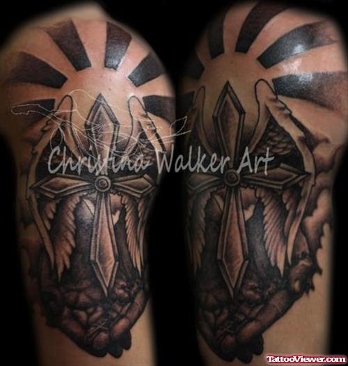 Grey Ink Winged Cross On Hands Half Sleeve Tattoo