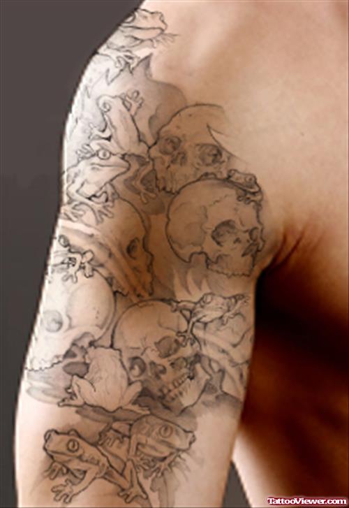 Grey Ink Skulls Half Sleeve Tattoo