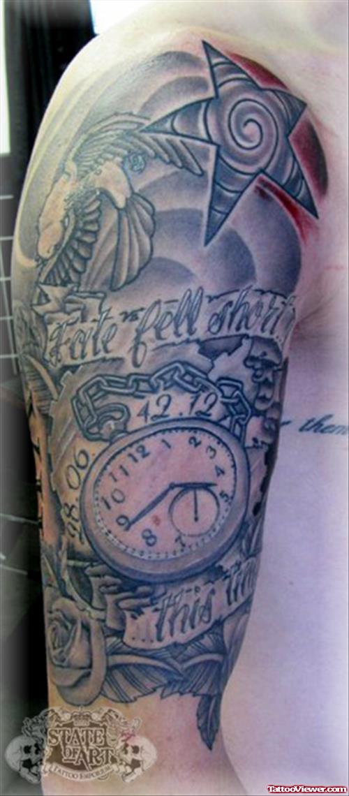 Grey Ink Clock And Banner Half Sleeve Tattoo