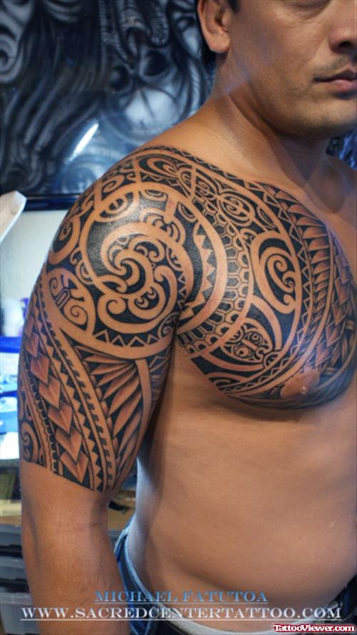 Man Chest And Half Sleeve Polynesian Tattoo