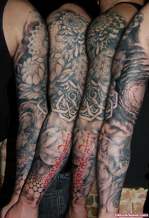 Grey Ink Flowers And Dotwork Half Sleeve Tattoo