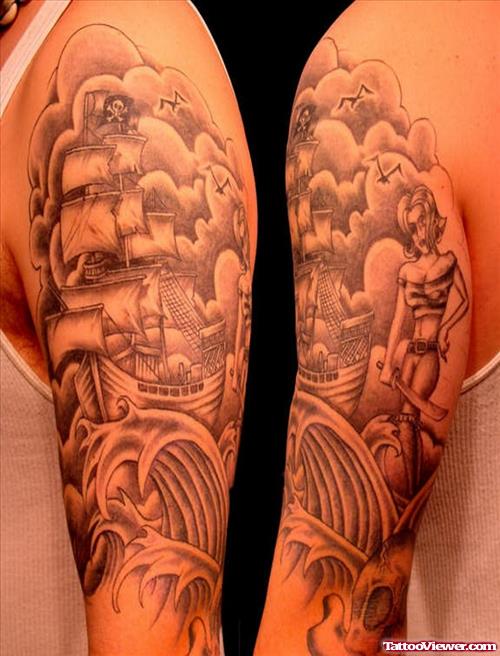 Cool Grey Ink Ship Half Sleeve Tattoo For Men
