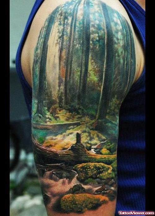 Colored Scenery Half Sleeve Tattoo