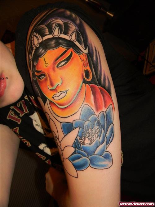 Blue Flower And Girl Head Half Sleeve Tattoo