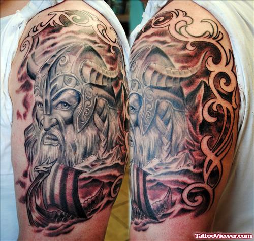 Grey Ink Viking Half Sleeve Tattoo