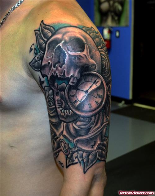 Grey Clock And Skull Half Sleeve Tattoo