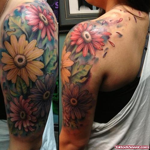 Attractive Colored Flowers Half Sleeve Tattoo For Women