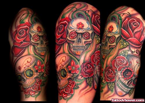 Red Rose Flowers And Skull Half Sleeve Tattoo