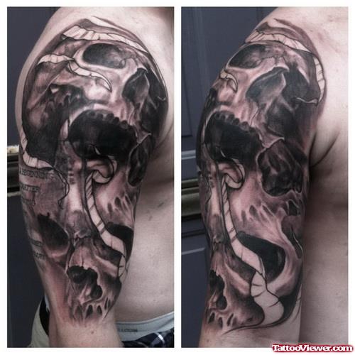 Grey Ink Skulls Half Sleeve Tattoos
