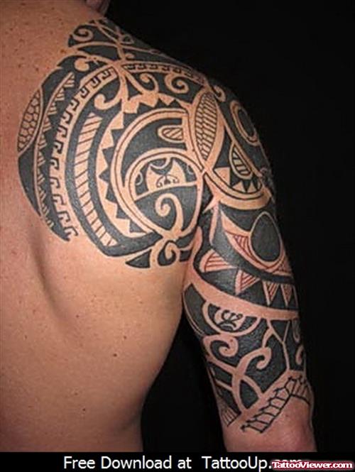 Black Ink Polynesian Tribal Half Sleeve Tattoo