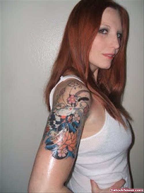 Awesome Color Flowers Half Sleeve Tattoo For Girls