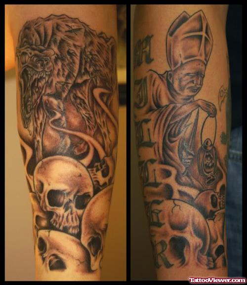 Skulls Wolf Pope Half Sleeve Tattoo