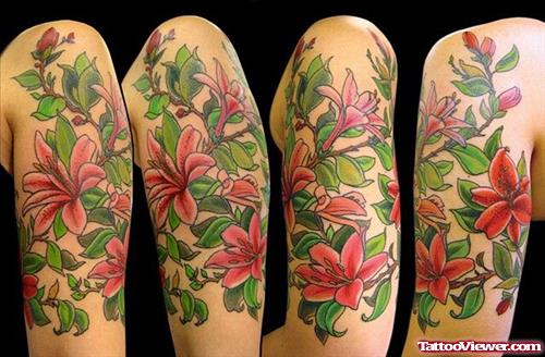 Green Leaves And Red Flowers Half Sleeve Tattoo