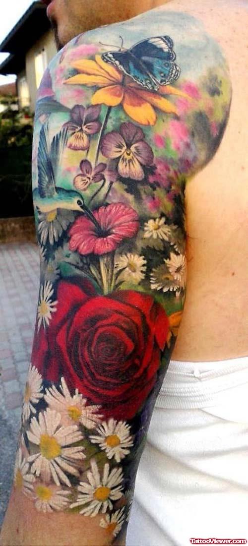 Awesome Colored Flowers Left Half Sleeve Tattoo