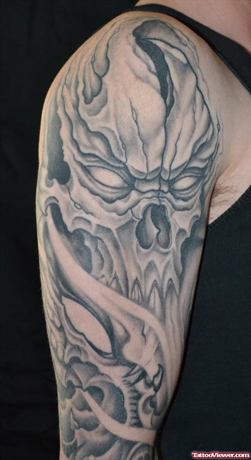 Grey Ink Skull Half Sleeve Tattoo