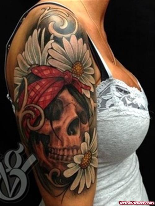 Flowers and Skull Half Sleeve Tattoo