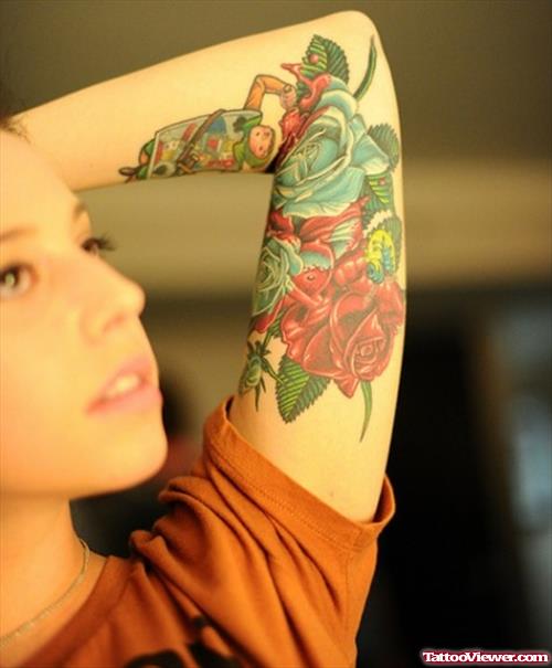 Color Red Rose Half Sleeve Tattoo For Girls