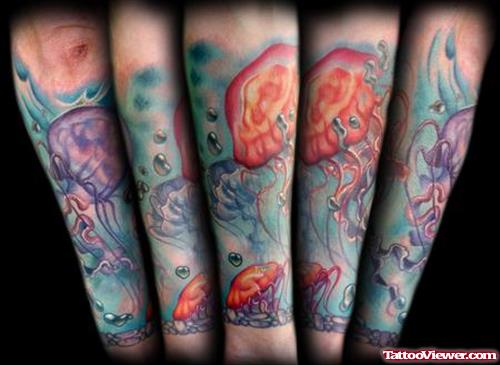 Color Jellyfish Half Sleeve Tattoo