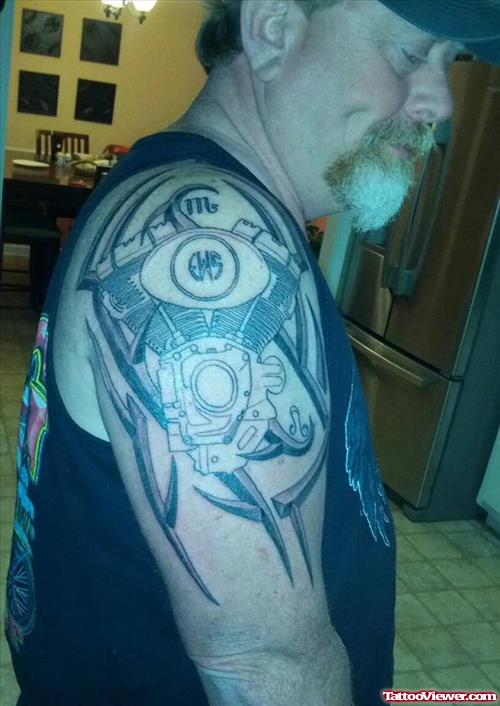 Tribal And Harley V-Twin Motor Tattoo On Half Sleeve