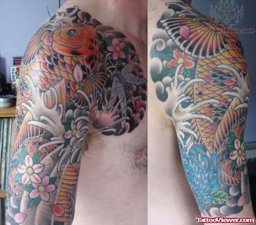 Koi Dragonfly Half Sleeve Tattoo